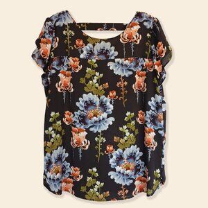 LOFT Floral Blouse Tulip Sleeves Back Cutout Size M